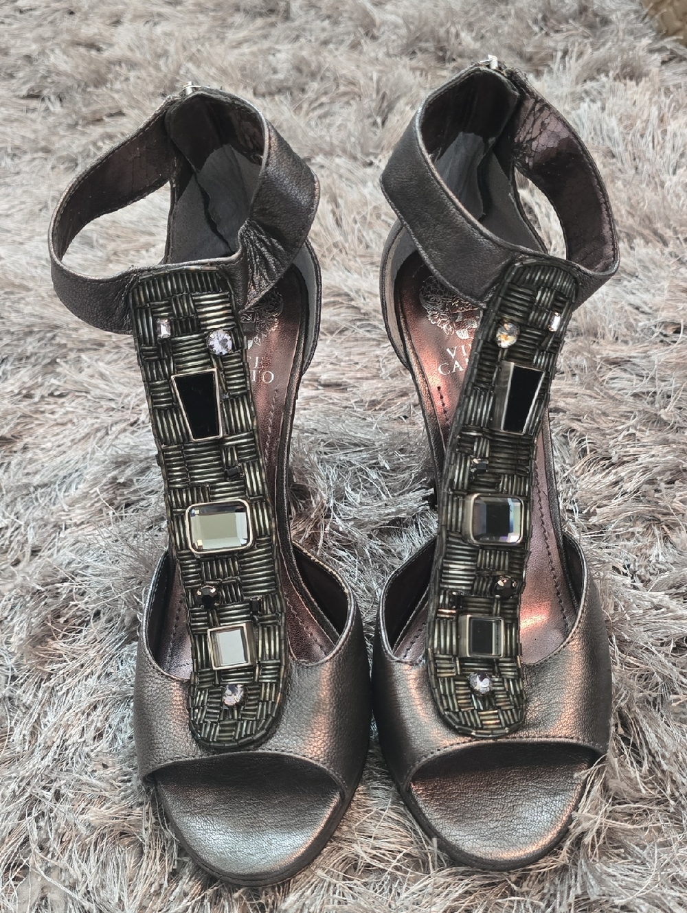 Vince Camuto Metallic Pewter T-Strap Jeweled Heels
